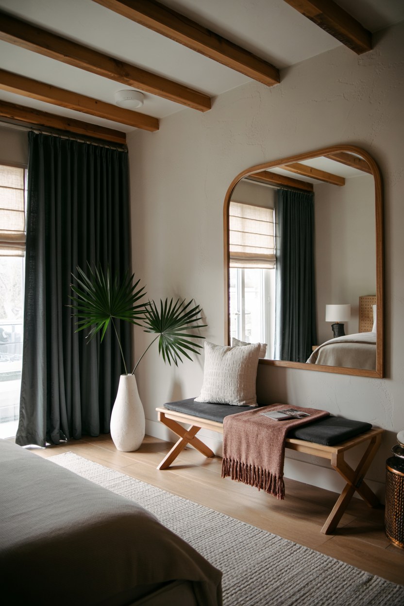 Modern Mediterranean Bedroom Design Ideas with Natural Wood Beams