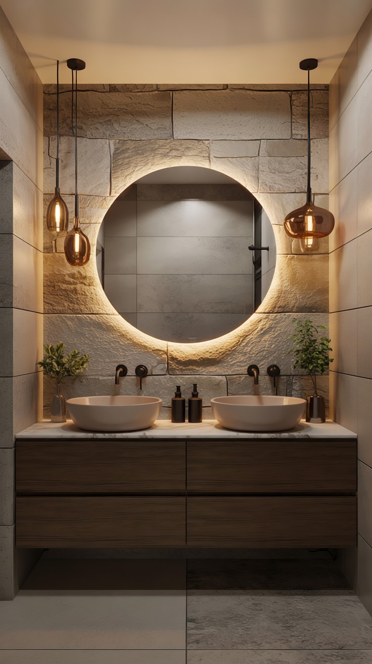 Modern Luxury Spa Bathroom Design with Pendant Lights and Stone Accent