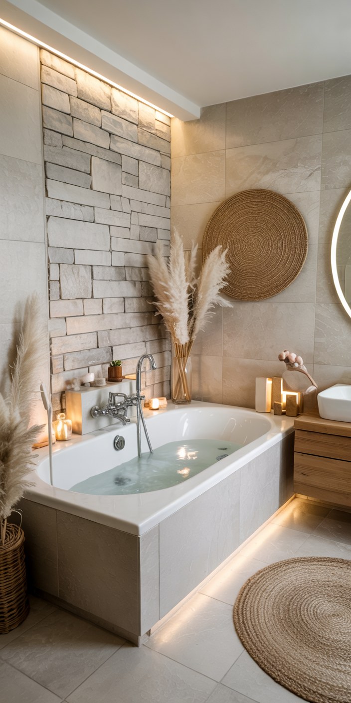 Luxury Spa Bathroom Design Ideas with Natural Stone and Warm Lighting