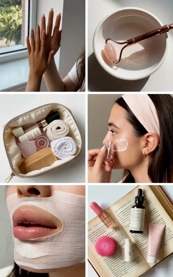 Cozy Skincare Collage: Rose Quartz Roller, Pink Hair Clips & Morning Glow