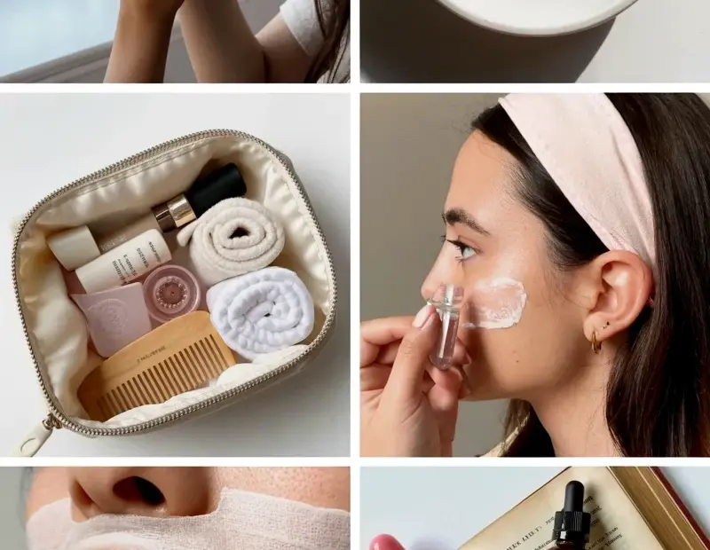 Cozy Skincare Collage: Rose Quartz Roller, Pink Hair Clips & Morning Glow