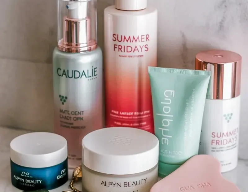 Luxury skincare products on marble featuring Caudalie, Summer Fridays & gua sha